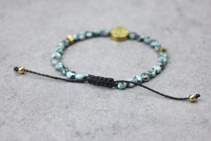 Bracelet jaspe dalmatien turquoise et arbre de vie hématite dorée