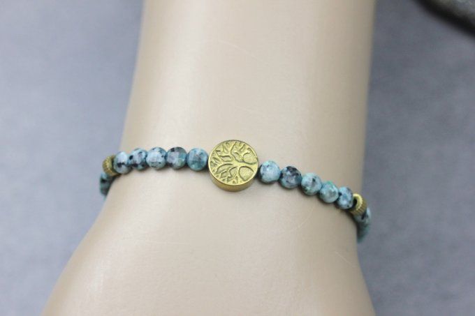 Bracelet jaspe dalmatien turquoise et arbre de vie hématite dorée