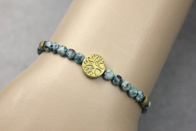 Bracelet jaspe dalmatien turquoise et arbre de vie hématite dorée