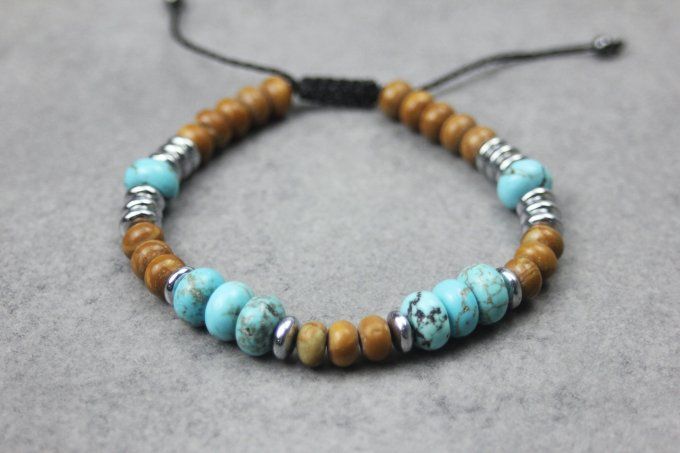 Bracelet perles rondelles turquénite, wood stone et hématite