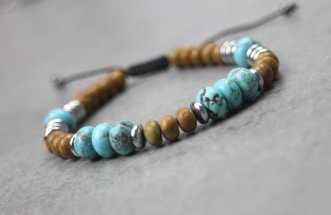 Bracelet perles rondelles turquénite, wood stone et hématite