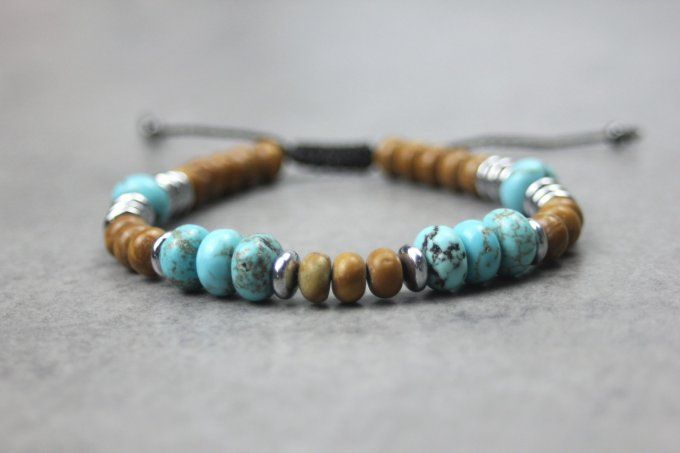 Bracelet perles rondelles turquénite, wood stone et hématite
