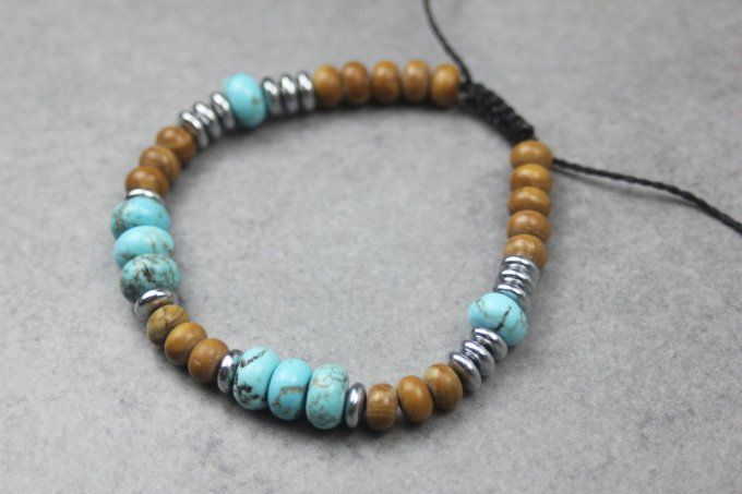 Bracelet perles rondelles turquénite, wood stone et hématite
