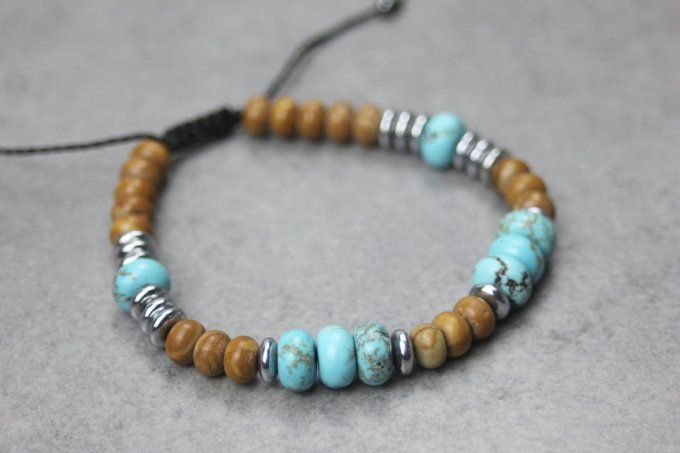 Bracelet perles rondelles turquénite, wood stone et hématite