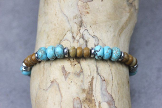 Bracelet perles rondelles turquénite, wood stone et hématite