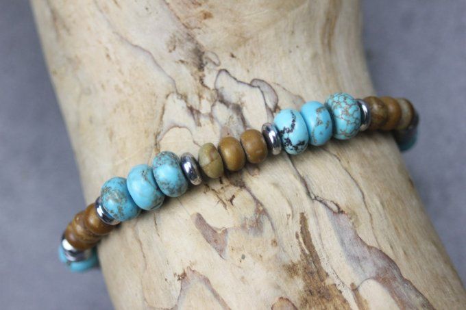 Bracelet perles rondelles turquénite, wood stone et hématite