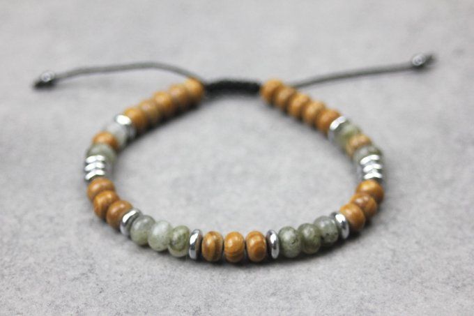 Bracelet perles rondelles labradorite, wood stone et hématite