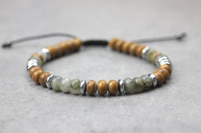 Bracelet perles rondelles labradorite, wood stone et hématite