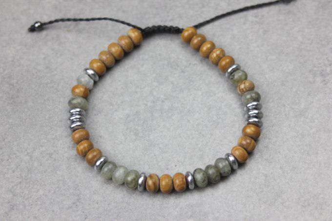 Bracelet perles rondelles labradorite, wood stone et hématite
