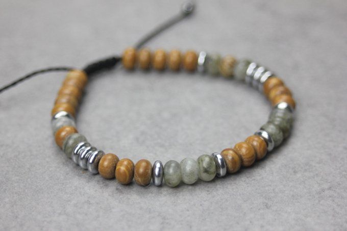 Bracelet perles rondelles labradorite, wood stone et hématite