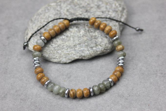 Bracelet perles rondelles labradorite, wood stone et hématite