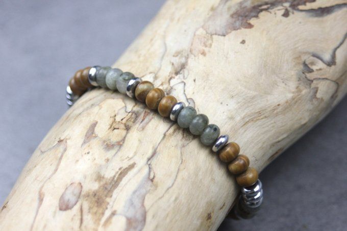 Bracelet perles rondelles labradorite, wood stone et hématite