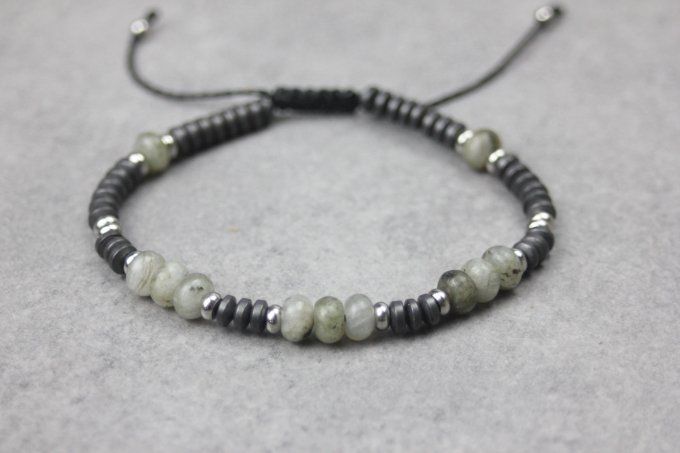 Bracelet perles rondelles labradorite, hématite mat et acier