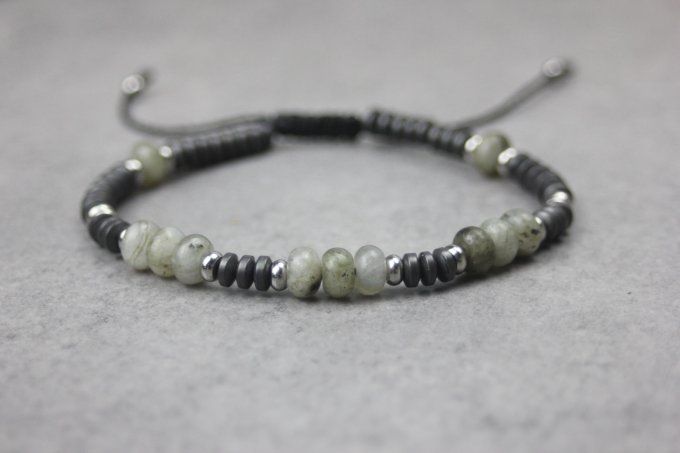 Bracelet perles rondelles labradorite, hématite mat et acier