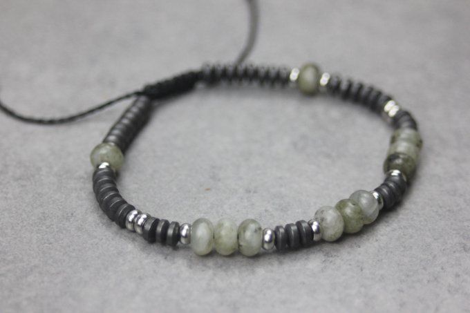 Bracelet perles rondelles labradorite, hématite mat et acier