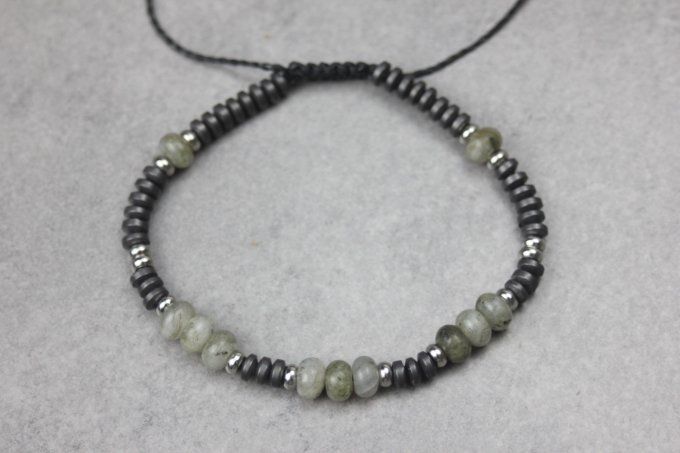 Bracelet perles rondelles labradorite, hématite mat et acier