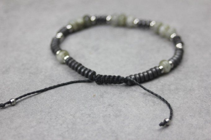 Bracelet perles rondelles labradorite, hématite mat et acier