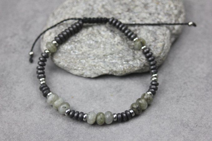 Bracelet perles rondelles labradorite, hématite mat et acier