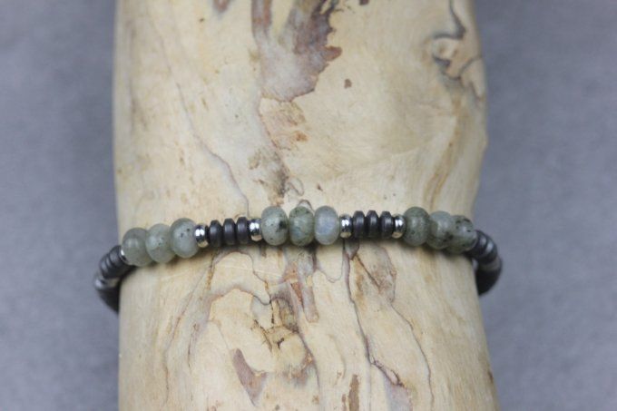 Bracelet perles rondelles labradorite, hématite mat et acier