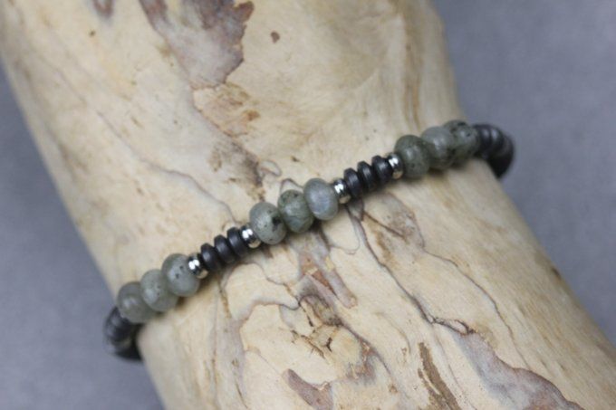 Bracelet perles rondelles labradorite, hématite mat et acier