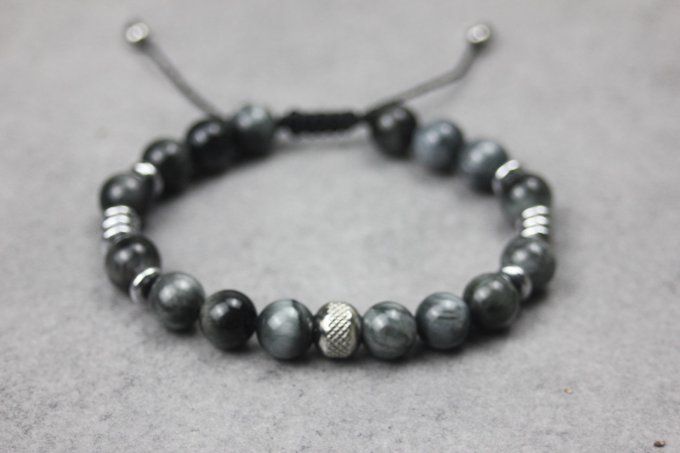 Bracelet perles oeil d'aigle, hématite argentée et acier inoxydable