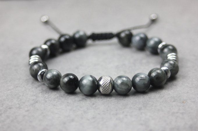 Bracelet perles oeil d'aigle, hématite argentée et acier inoxydable