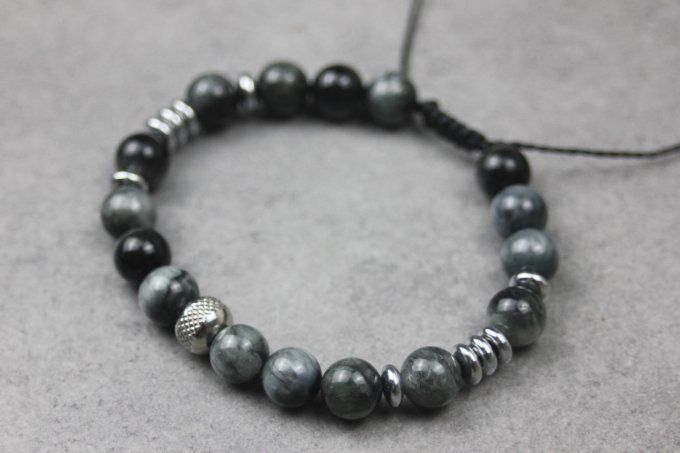 Bracelet perles oeil d'aigle, hématite argentée et acier inoxydable
