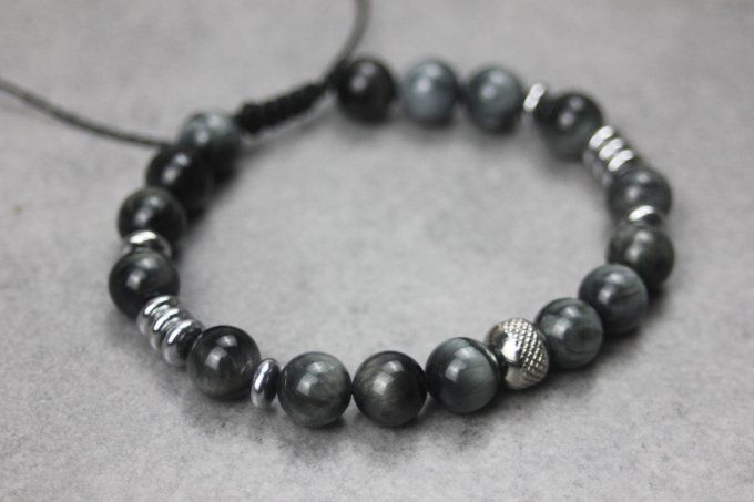Bracelet perles oeil d'aigle, hématite argentée et acier inoxydable