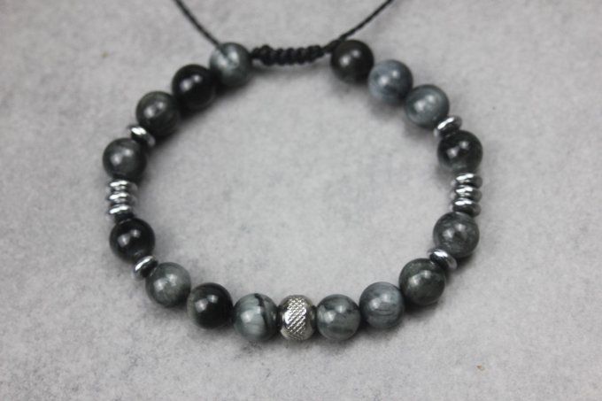 Bracelet perles oeil d'aigle, hématite argentée et acier inoxydable