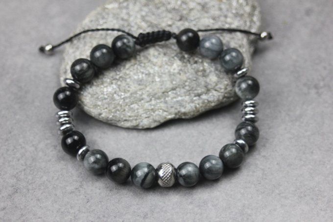 Bracelet perles oeil d'aigle, hématite argentée et acier inoxydable