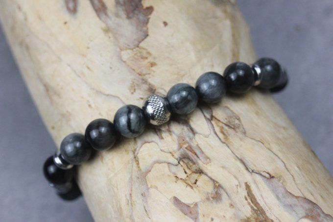 Bracelet perles oeil d'aigle, hématite argentée et acier inoxydable