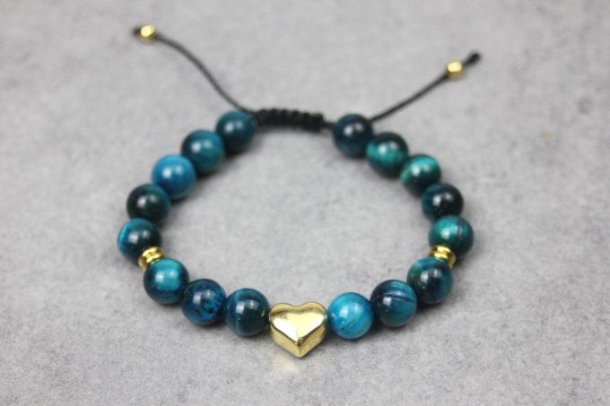 Bracelet femme en pierres naturelles œil de tigre bleu et cœur en acier doré