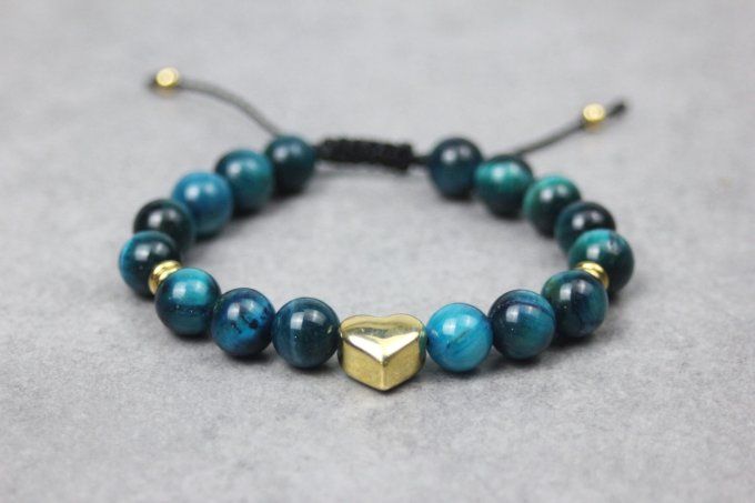 Bracelet femme en pierres naturelles œil de tigre bleu et cœur en acier doré