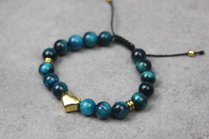 Bracelet femme en pierres naturelles œil de tigre bleu et cœur en acier doré