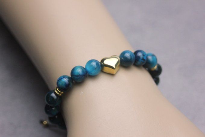 Bracelet femme en pierres naturelles œil de tigre bleu et cœur en acier doré