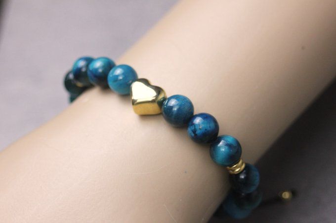 Bracelet femme en pierres naturelles œil de tigre bleu et cœur en acier doré