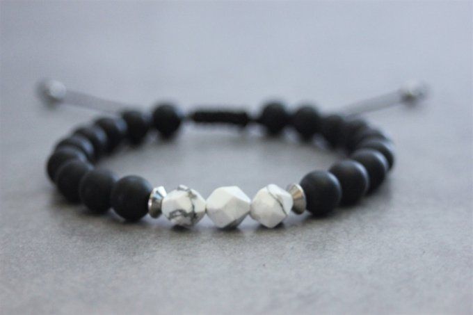 Ensemble de 2 bracelets onyx noir mat, howlite blanche et acier