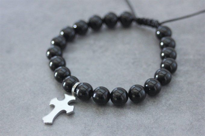 Ensemble de 2 bracelets onyx noir, jaspe peau d'éléphant et acier