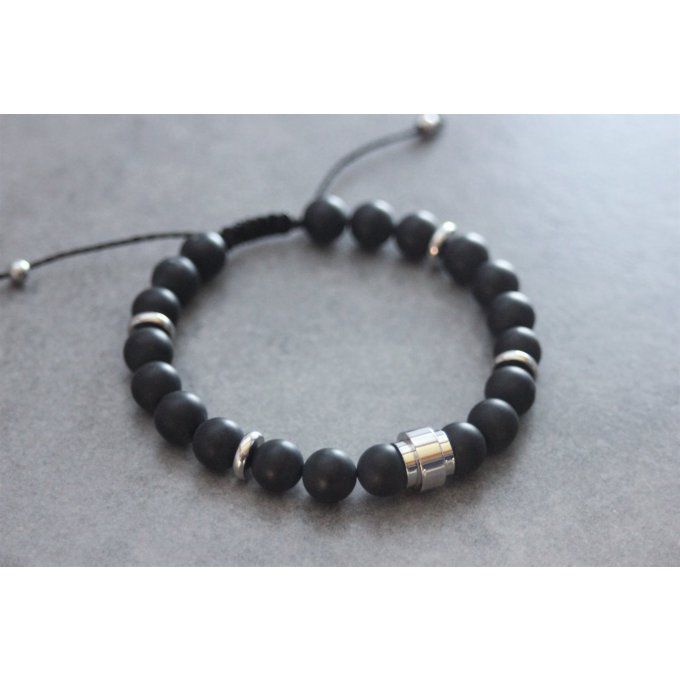 Bracelet en perles onyx mat et perle tube acier inoxydable