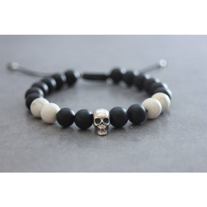 Bracelet perles onyx mat, howlite blanche et tête de mort argent 925
