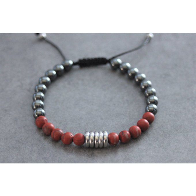 Bracelet perles jaspe rouge mat, hématite et acier inoxydable