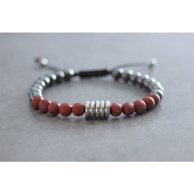 Bracelet perles jaspe rouge mat, hématite et acier inoxydable