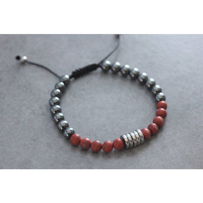 Bracelet perles jaspe rouge mat, hématite et acier inoxydable