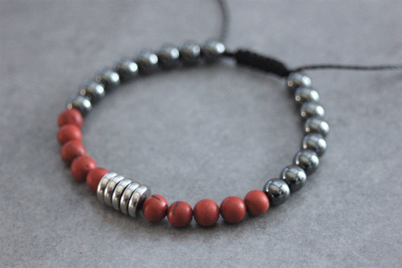 Bracelet perles jaspe rouge mat, hématite et acier inoxydable