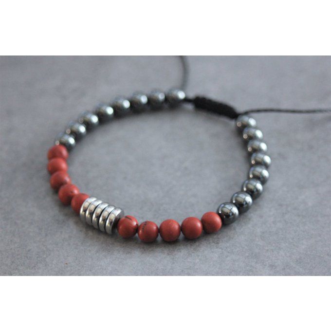 Bracelet perles jaspe rouge mat, hématite et acier inoxydable