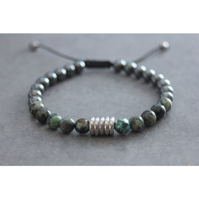 Bracelet perles turquoise africaine, hématite et acier inoxydable
