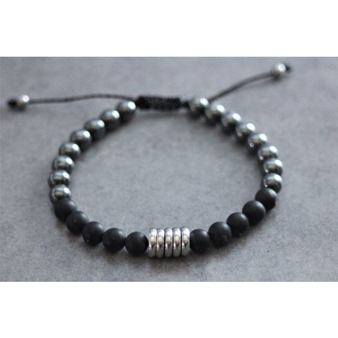 Bracelet perles onyx mat, hématite et acier inoxydable