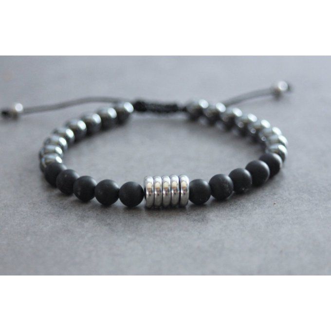 Bracelet perles onyx mat, hématite et acier inoxydable