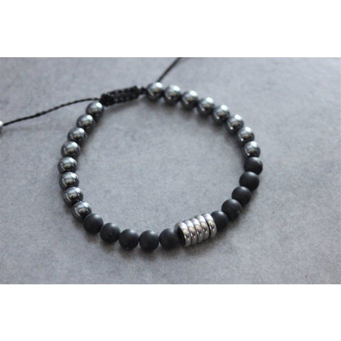 Bracelet perles onyx mat, hématite et acier inoxydable