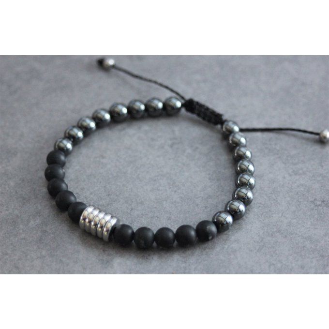 Bracelet perles onyx mat, hématite et acier inoxydable